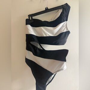Black and White One Shoulder Women Swim One Piece
